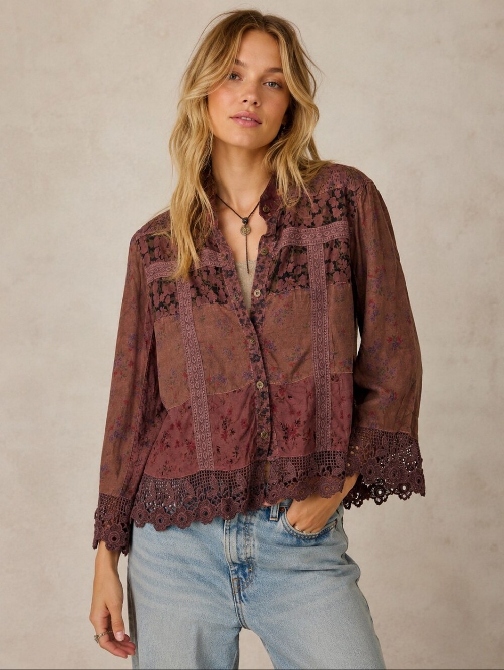 Young Threads Floral Patchwork Crochet Trim Boho Top Jacket